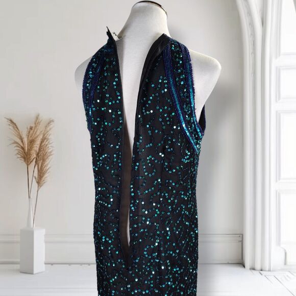 Vintage 90s Sequin Formal Prom Evening Dress Size L Halter Neck Thigh Slit - Picture 4 of 16